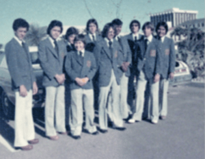 Los Changuitos Feos in their traveling suits - 1976